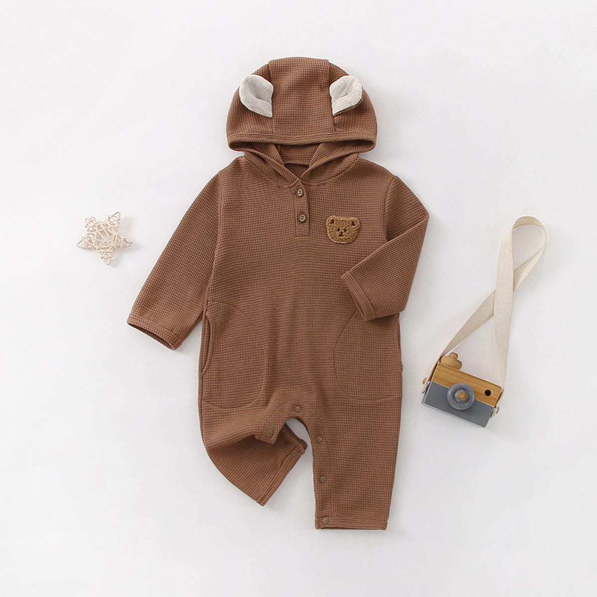 Baby Cartoon Bear Embroidered Pattern Waffle Fabric Long Sleeve Romper, MyKids-USA®, Baby One-Pieces, MyKids-USA - Size/Age - 66 (3-6M) - Color - Brown -  -  - JM2301031130-B.