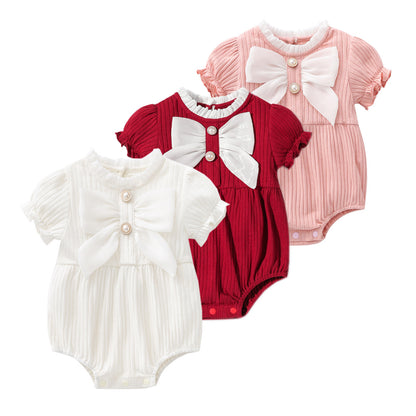 Baby Girls Solid Color Lace Design Puff-Sleeved Fashion Onesies With Bow Decoration In Summer My Kids-USA