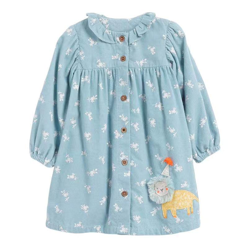 Baby Girl Flower & Lion Pattern Button Front Design Long Sleeved Dress My Kids-USA