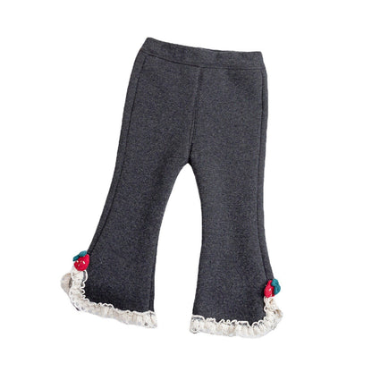 Baby Girl Solid Color Mesh Patched Design Fleece Thickened Pants My Kids-USA