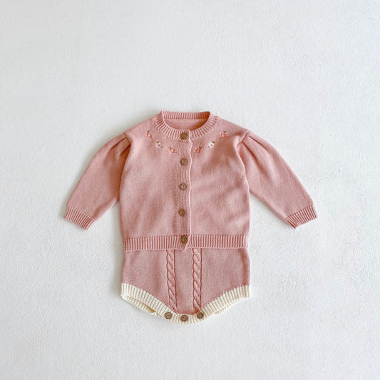 Baby Girl 1pcs Crochet Knitting Graphic Contrast bodysuit & Floral Embroidered Cardigan Sets, MyKids-USA®, Outfit Sets, MyKids-USA -  -  -  -  -  -  - .