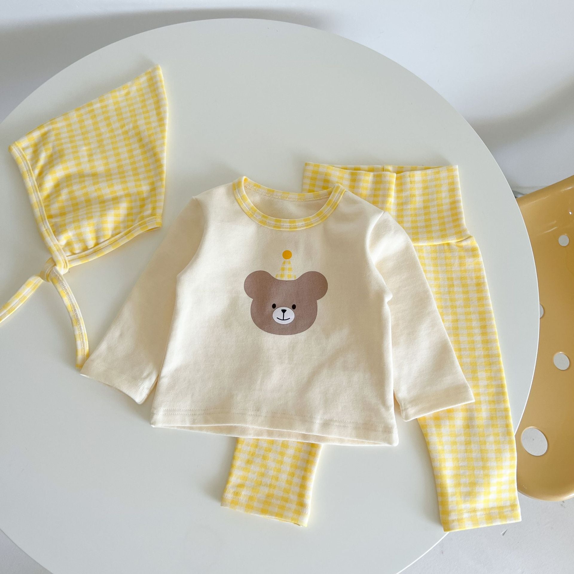 Baby Cartoon Bear Shirt Combo Plaid Pants Sets Home Clothes My Kids-USA