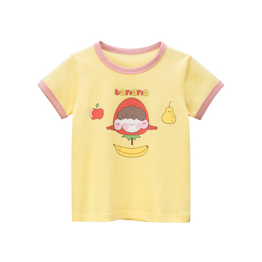 Girl Apple Banana Pear With Doll Print Round-Collar Short-Sleeved Shirt