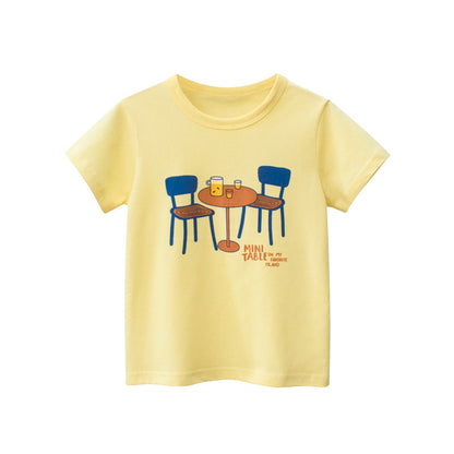 Baby Girl Cartoon Table And Chairs Print Solid Color Soft Cheap Summer T-Shirt