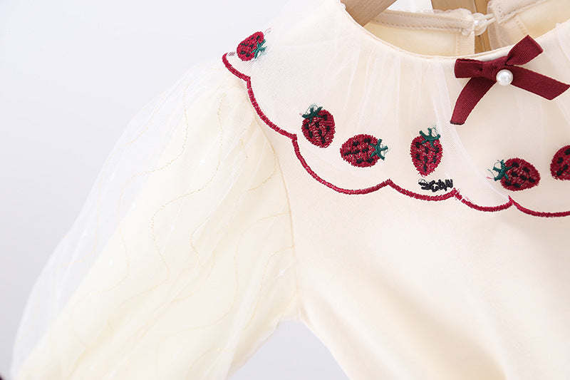 Baby Girl Strawberries Embroidered Graphic Doll Neck Puff Sleeves Bow Patched Shirt My Kids-USA