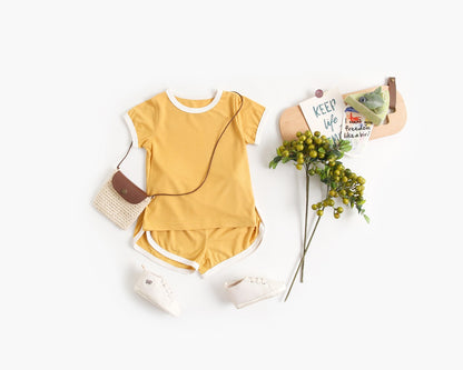 Baby Solid Color Neck Color Matching Design Sports Sets In Summer