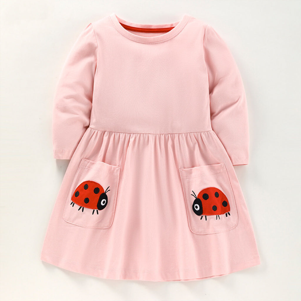 Baby Girl Solid Color Cartoon Animal Embroidered Design Dress