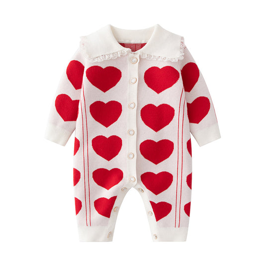 Barboteuse en tricot à manches longues avec col de poupée et motif cœur pour bébé 