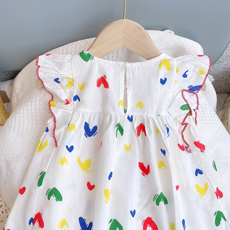Baby Girl Heart Print Pattern Ruffle Design Sleeveless Dress