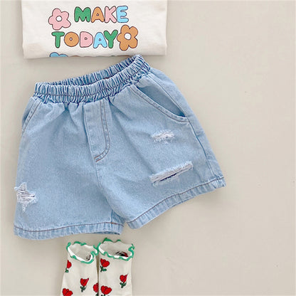 Baby Boy And Girl Ripped Elastic Denim Shorts In Summer Outfits