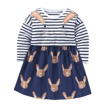 Baby Girl Striped Graphic Bunny Embroidered Design Patchwork Dress My Kids-USA