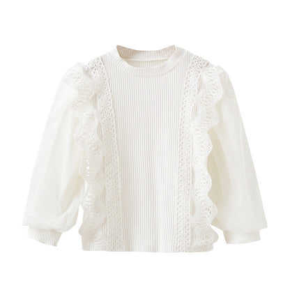 Baby Girl Solid Color Mesh Hollow Carved Design Princess Shirt, MyKids-USA®, Baby & Toddler Outerwear, MyKids-USA - Size/Age - 110 (3-5Y) - Color - White -  -  - JM2212171129-A