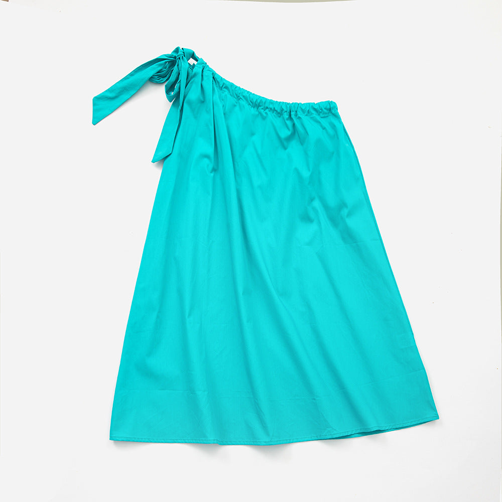 Girl Solid Color Single Shoulder Sling Design Vacation Dress My Kids-USA