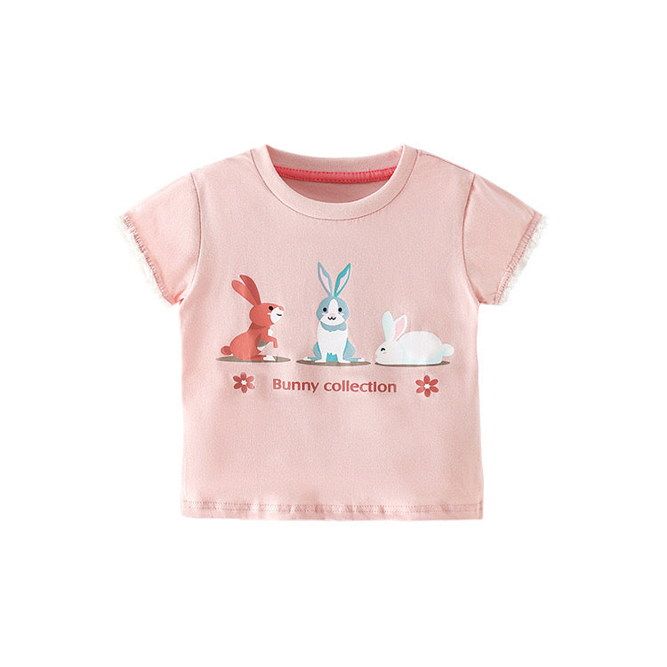 Baby Girl Bunny Graphic Lace Sleeve Design O-Neck Tee