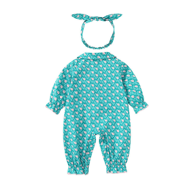 Baby Girl Cherry Print Pattern Detachable Bib Mouth Towel Cute Jumpsuit My Kids-USA