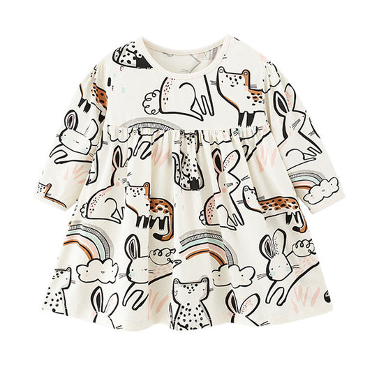 Baby Girl Cartoon Animal Pattern A-Line Design Loose Cotton Dress