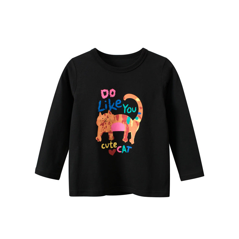 Baby Girl Cartoon Cat & Slogan Pattern Round Neck Lovely Shirt My Kids-USA