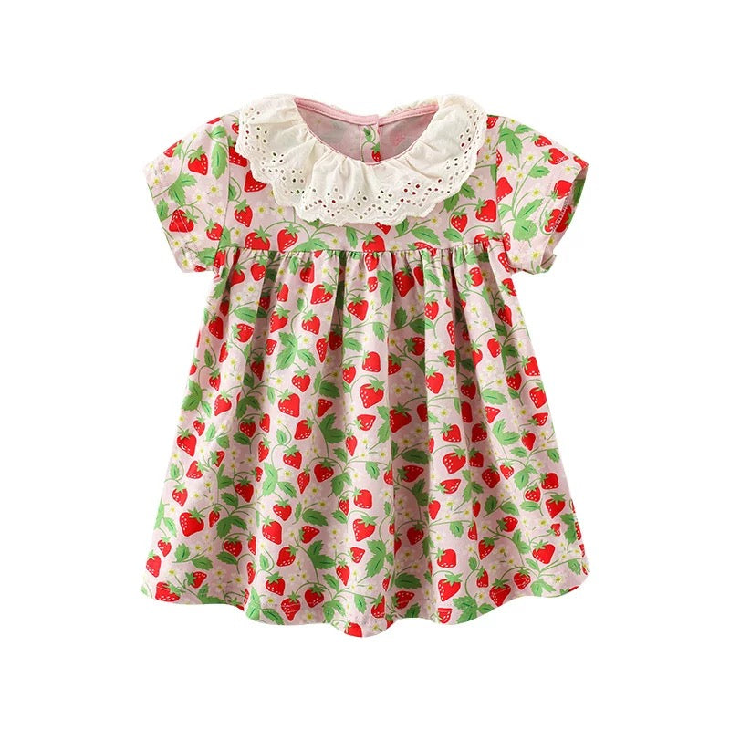 Baby Girl Allover Strawberries Graphic Ruffle Neck Princess Dress My Kids-USA