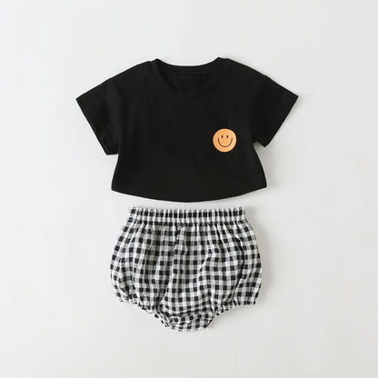 Baby Smiley Print Pattern Solid Tee Combo Plaid Pattern Triangle Shorts Sets My Kids-USA