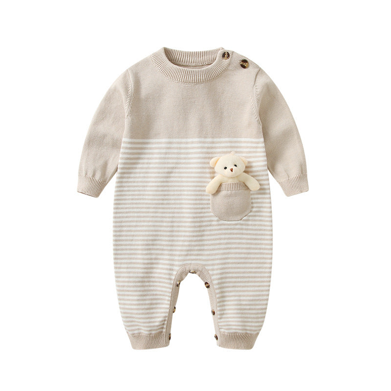 Mameluco de calidad tejido con diseño de parches de oso con patrón de punto a rayas para bebé 