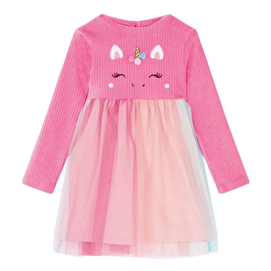 Baby Girl Unicorn Embroidered Pattern Colorful Mesh Overlay Long Sleeves Dress My Kids-USA