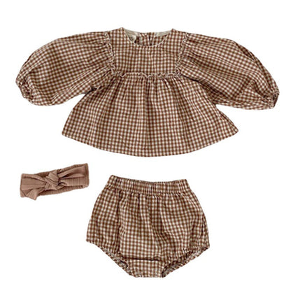 Baby Girl Plaid Pattern Loose Blouses WIth Shorts Headband 3 Pieces Sets