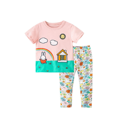 Baby Girl Cartoon Print Pattern Tops With Floral Print Pants Sets