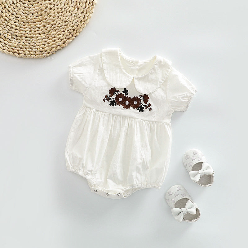 Baby Girl 1pcs Floral Embroidered Pattern Doll Neck Solid Color Onesies My Kids-USA