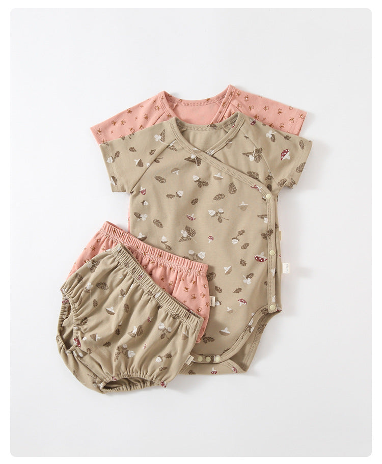 Baby Girls Printed Pattern Diagonal Buckle Design Short-Sleeved Onesies In Summer My Kids-USA