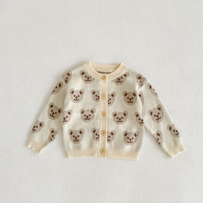 Baby Cartoon Bear Embroidered Pattern Single Breasted Design Knit Cardigan My Kids-USA
