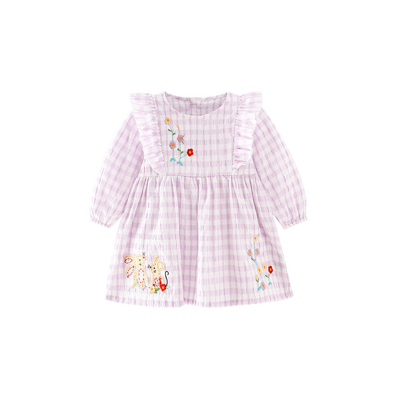 Baby Girl Plaid Pattern Embroidered Design Long Sleeve Dress My Kids-USA
