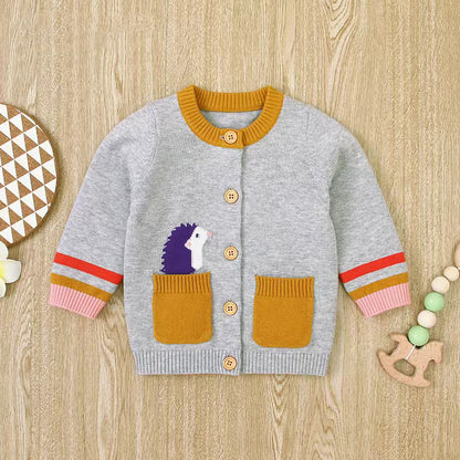Baby Cartoon Animal Embroidery Constrat Design Button Front Knitted Coat Cardigan My Kids-USA