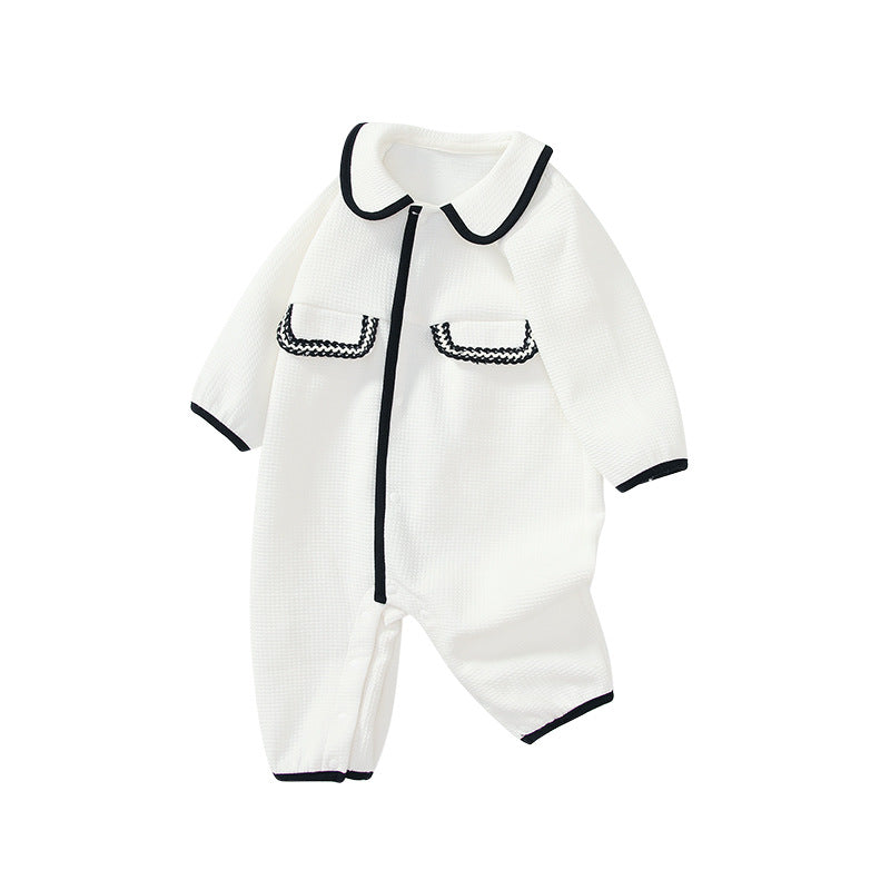 Baby Solid Color Simple Style Lapel Cotton Thermal Home Clothes Romper