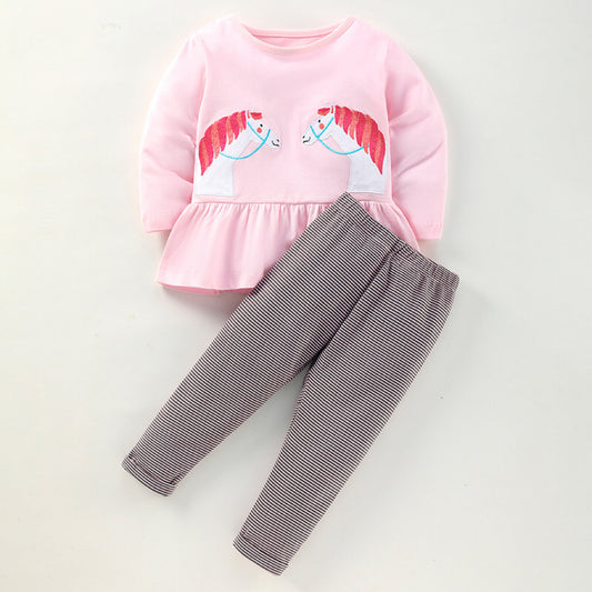 Baby Girl Cartoon Animal Pattern Shirt Combo Conjuntos de pantalones a rayas 