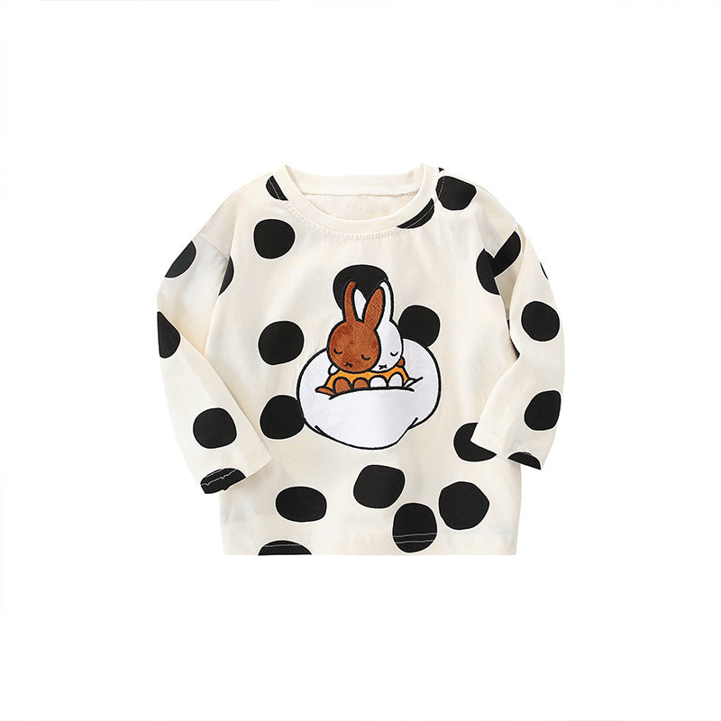Camisa cómoda con diseño bordado de conejito con patrón de lunares para niña 