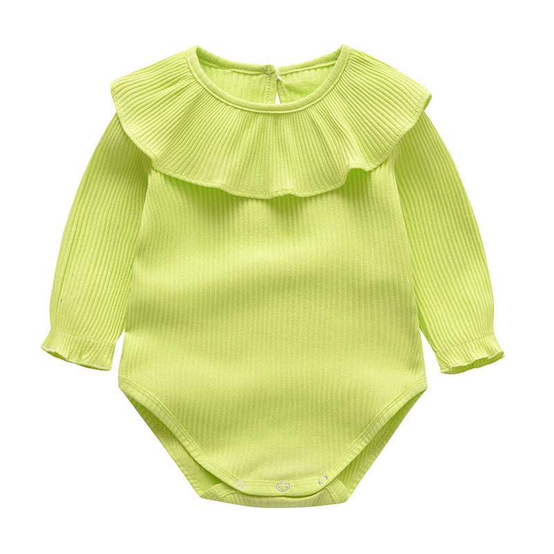 Baby Girl Solid Color Ruffle Neck Design Long Sleeve Onesies