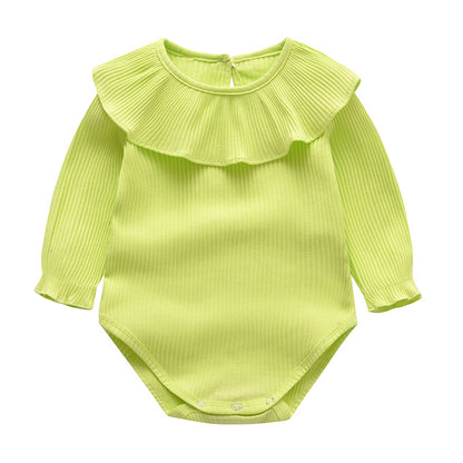 Baby Girl Solid Color Ruffle Neck Design Long Sleeve Onesies