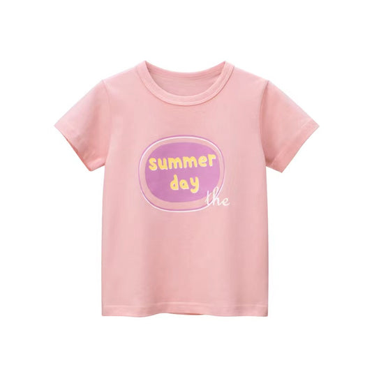 Baby Girls Letters Print Solid Color Round Neck Short Sleeved Tops In Summer Outfit Wearing