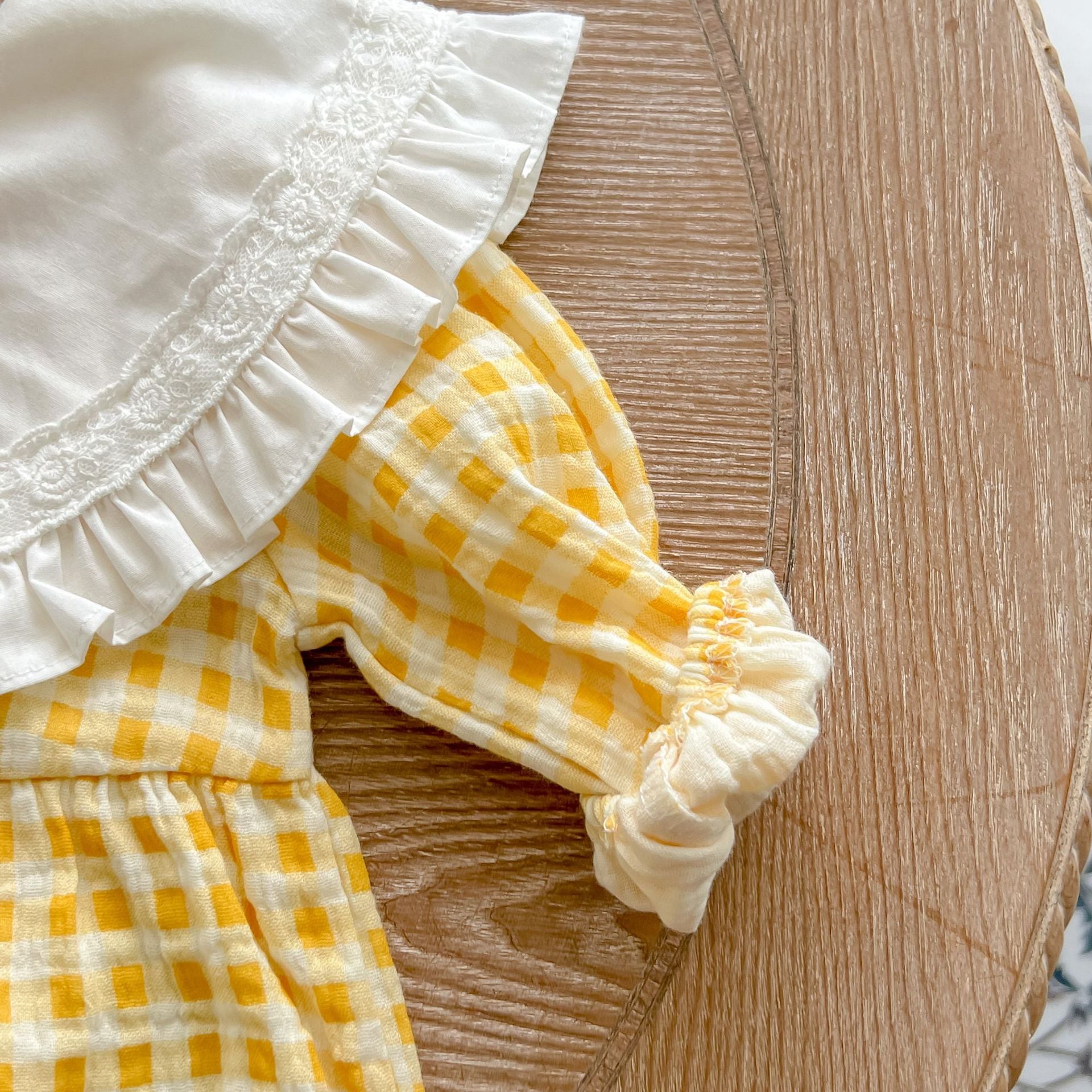 Baby Girl Yellow Plaid Pattern Ruffle Lapel Design Bodysuit My Kids-USA