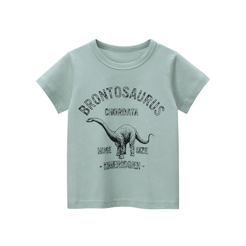 Boy Letter With Cartoon Dinosaur Pattern Round Collar Short-Sleeved T-Shirt