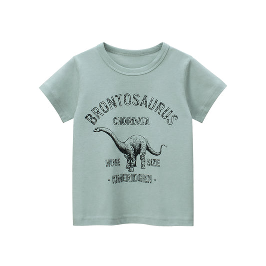 Boy Letter With Cartoon Dinosaur Pattern Round Collar Short-Sleeved T-Shirt
