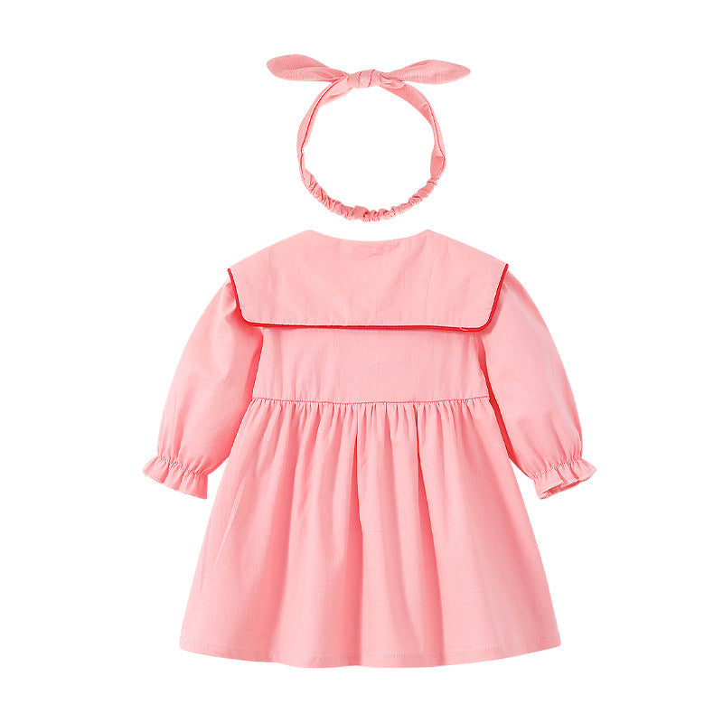 Baby Girl Solid Color A-Line Style Loose Lapel Long Sleeve Dress My Kids-USA