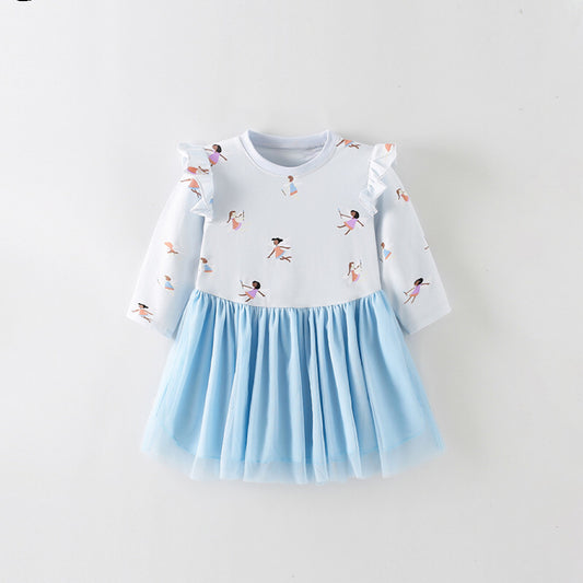 Baby Girl Elk Print Pattern Mesh Patchwork Design Long Sleeve Princess Dress My Kids-USA