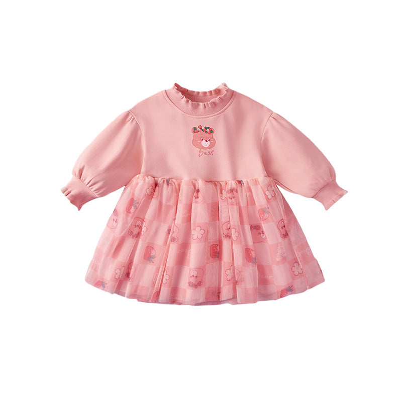 Baby Girl Cartoon Bear Print Pattern Mesh Patched Design Fleece Dress My Kids-USA