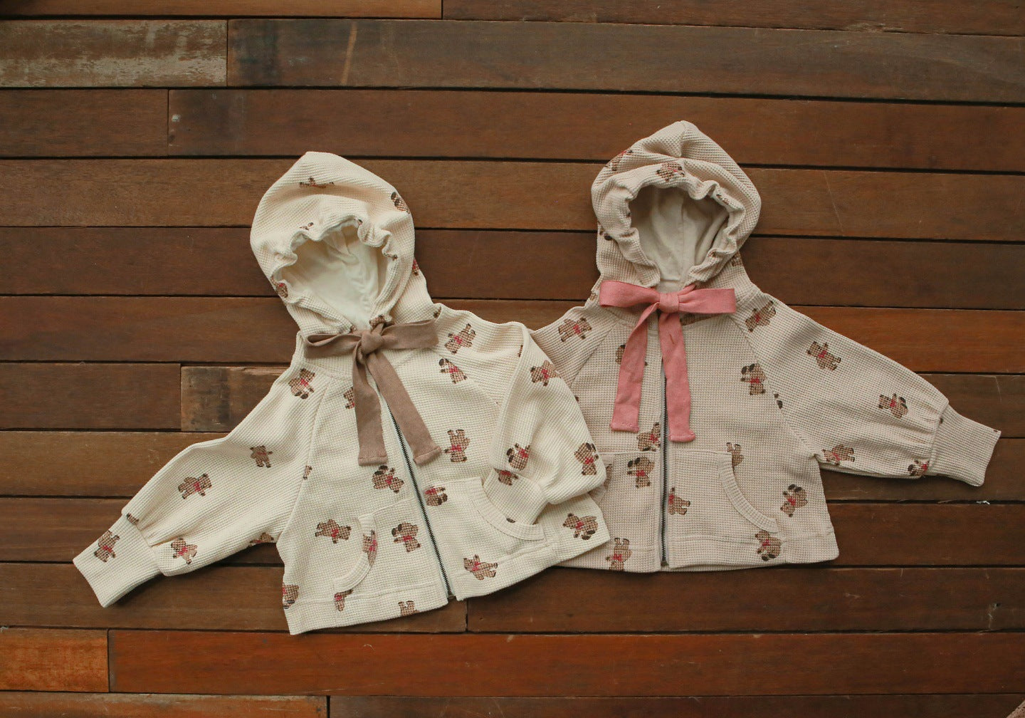 Baby Girl Waffle Knit Fabric Bear Pattern Zipper Jacket Coat My Kids-USA