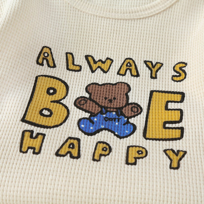 Baby Cartoon Bear & Slogan Pattern Waffle Fabric Tops Combo Solid Shorts 1-Piece Sets My Kids-USA