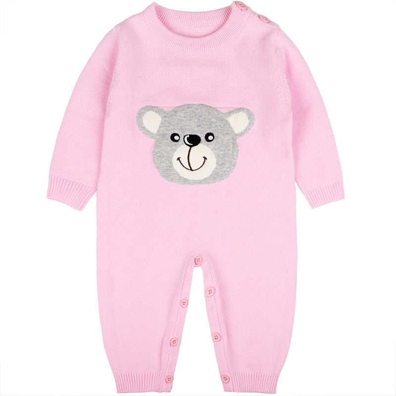 Baby Girl Cartoon Bear Graphic Long Sleeves Knit Thermal Jumpsuit My Kids-USA