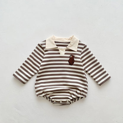 Baby Boy Striped Pattern Cartoon Bear Embroidered Design Onesies