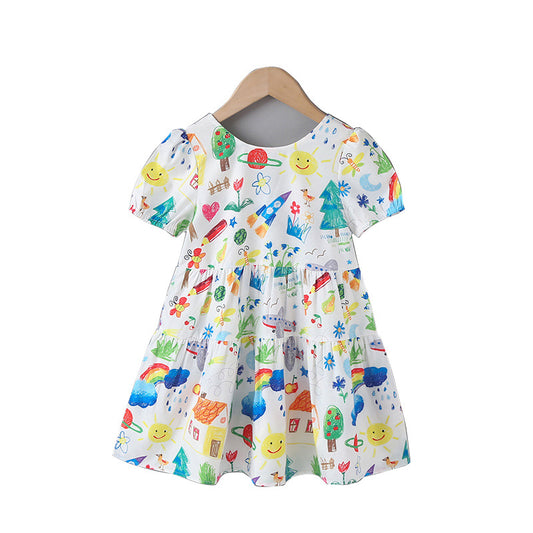 Baby Print Pattern Bow Patched Design Robe à manches courtes en été 