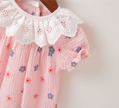 Baby Girl Floral Print Ruffles Collar Short-Sleeved Onesies My Kids-USA